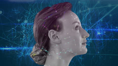 animation of caucasian woman profile, waves and connections over navy background