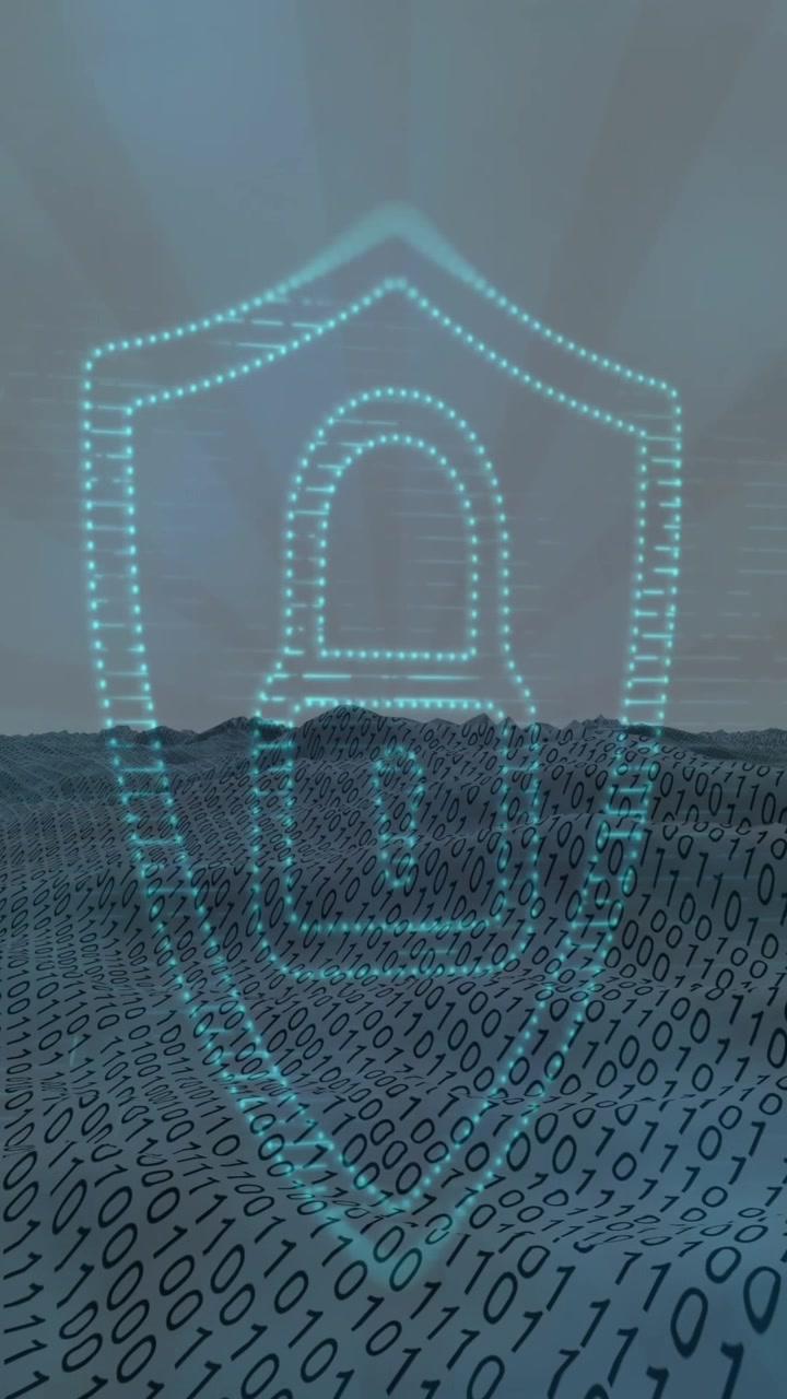 Animazione di punto luce su icona di lucchetto di sicurezza, con codice binario su onda digitale.