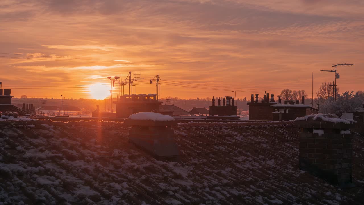 Rising low sun and snow-covered rooftops shifting light across urban skyline at sunrise, lens flare