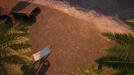 hermosa playa de arena, con olas, acantilados, palmeras, sillas de playa y una pequeña mesa con una botella de vino, vista superior de animación 3d