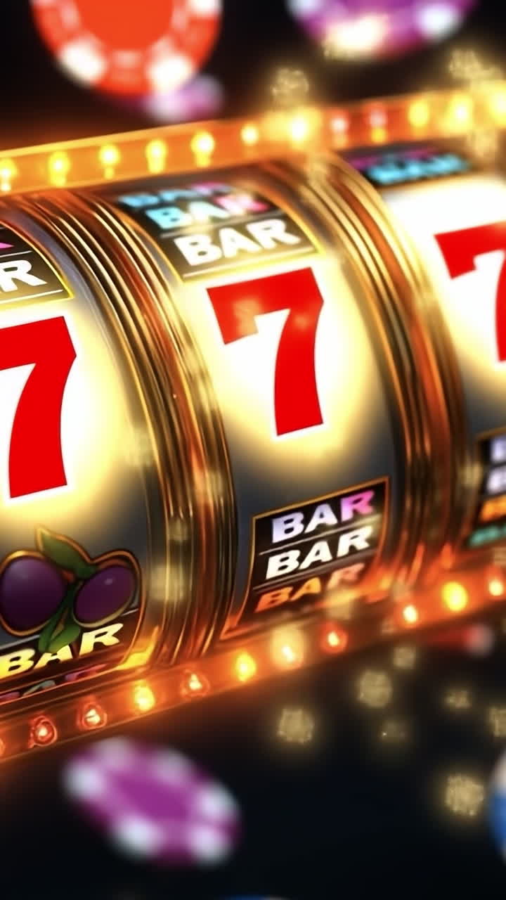 Excitement of spinning reels in a casino. Colorful symbols spin on a slot machine while poker chips scatter around, creating a lively casino atmosphere.