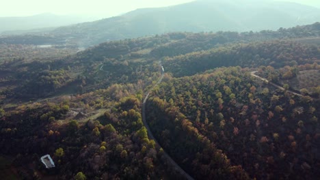 tren que viaja a través de la pintoresca cordillera en colores otoñales con fondo brumoso