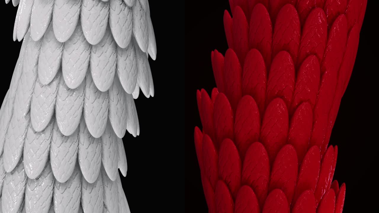 Abstract white and red wide tubes covered by shining bird feathers, seamless loop. Animation. Glowing oval shaped feathers covering bending contrast tubes