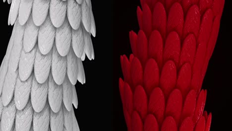 abstract white and red wide tubes covered by shining bird feathers, seamless loop. animation. glowing oval shaped feathers covering bending contrast tubes