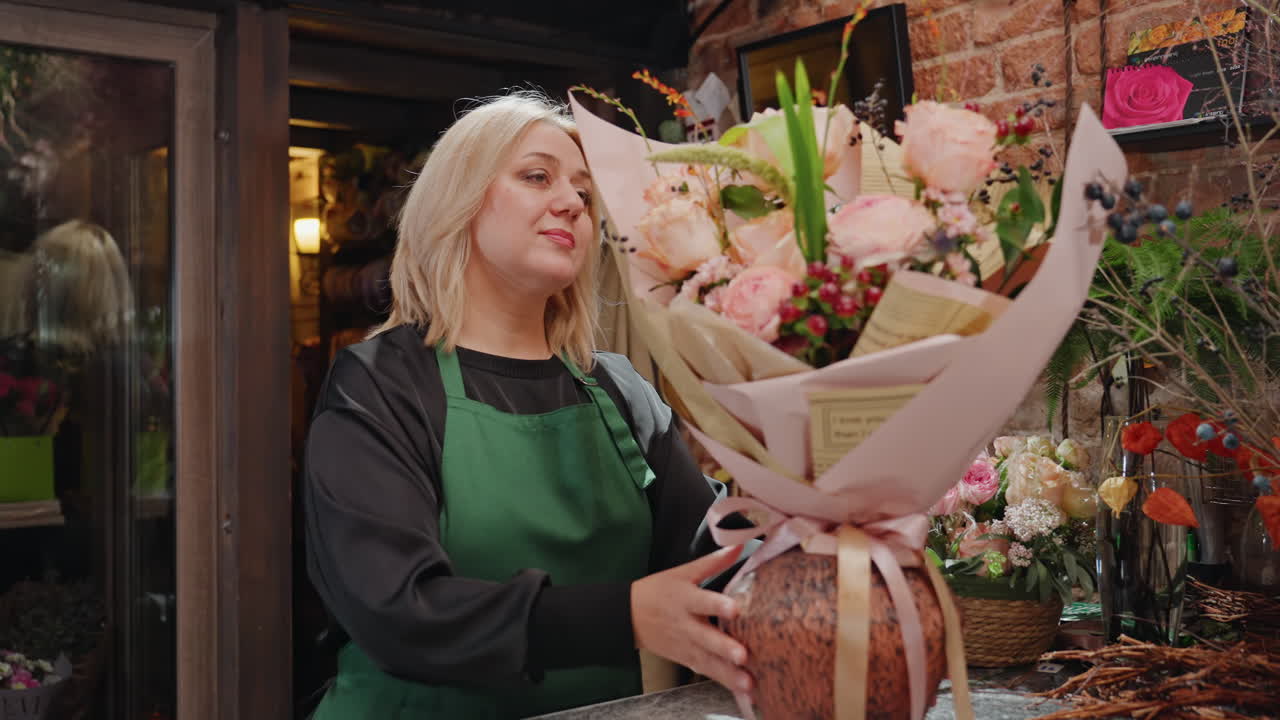 Fiorista donna bianca che prepara un bouquet di rose color pesca in negozio, avvolgendo gli steli con carta kraft e nastro. Interno accogliente in mattoni, grembiule verde, vaso in ceramica e riempitivi stagionali visibili.