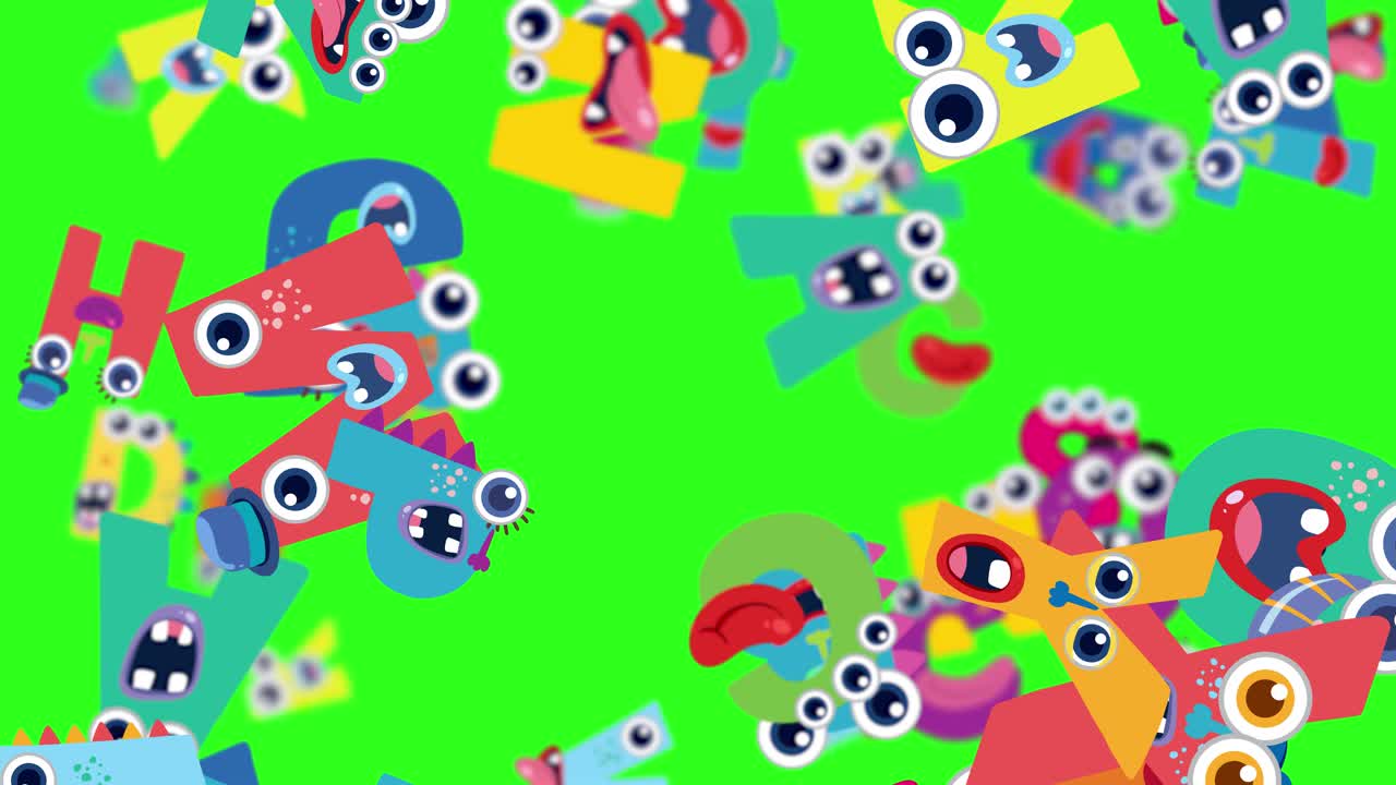 Playful letters with eyes and mouths move dynamically on a bright green backdrop, creating a lively and whimsical animation