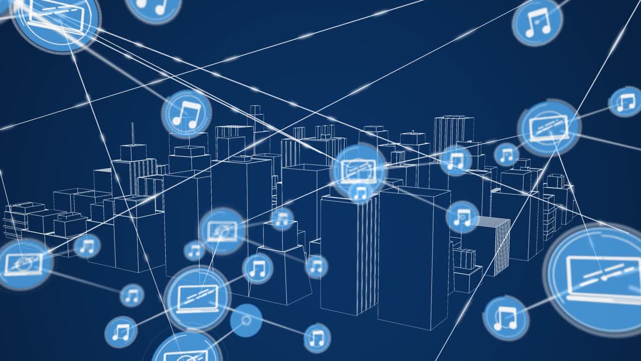 Animation of digital laptop and music icons interconnecting with lines over moving buildings
