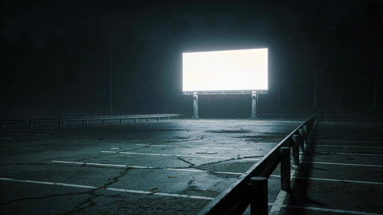 Glowing billboard casting white light across empty parking lot at night, with diagonal guardrail