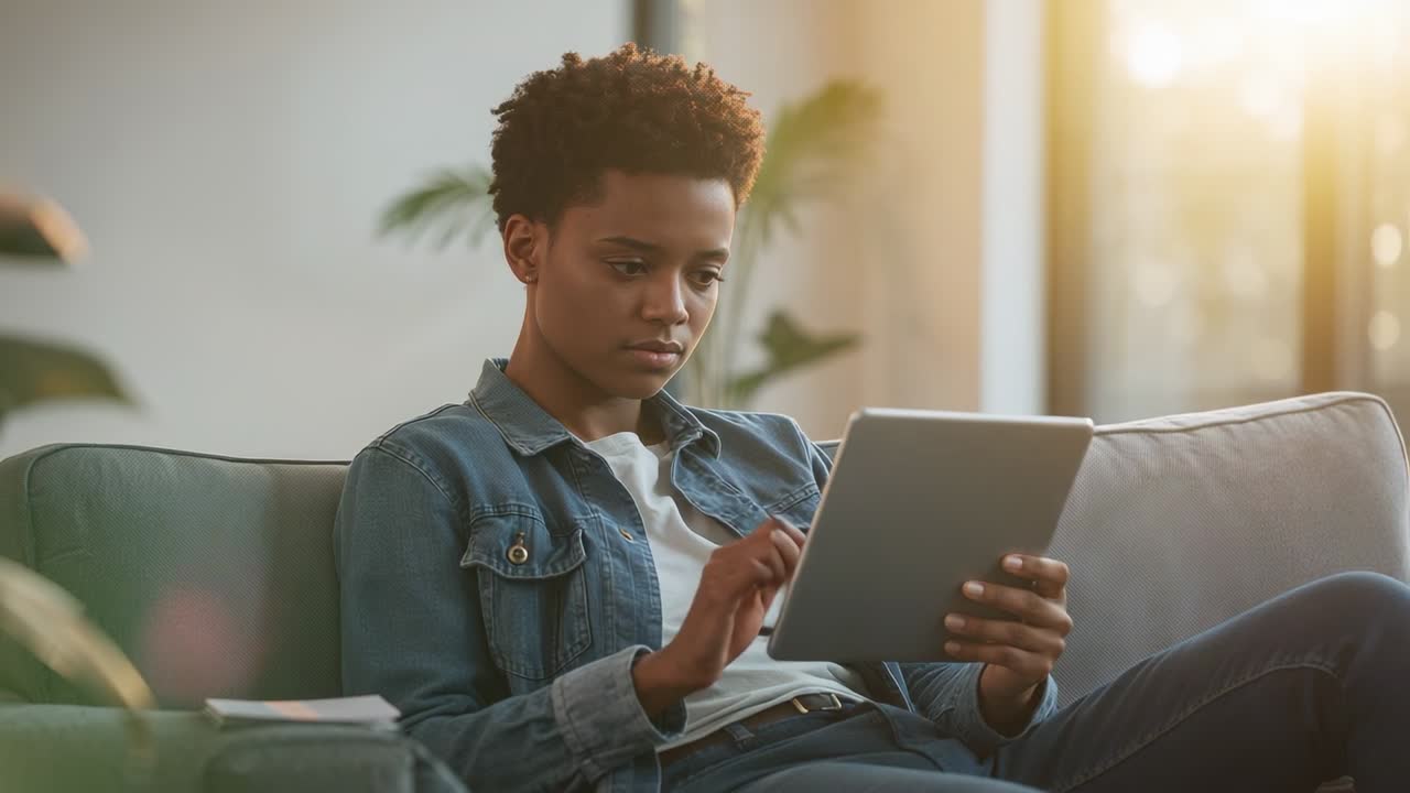 Tapping tablet, woman in denim jacket and jeans scrolling on sofa at home as sunlight brightening