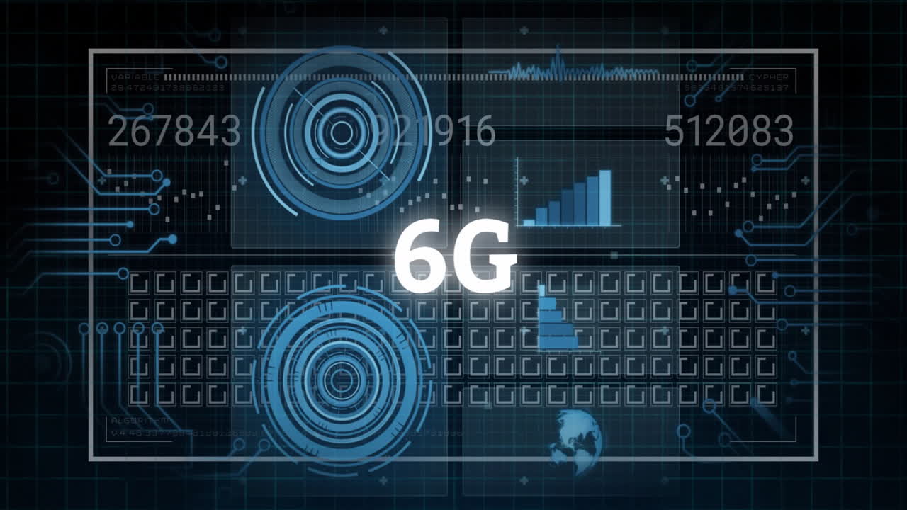 6G technology animation over digital interface with graphs and data