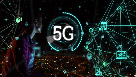 texto de 5g en círculos e iconos digitales contra una mujer mirando el paisaje urbano
