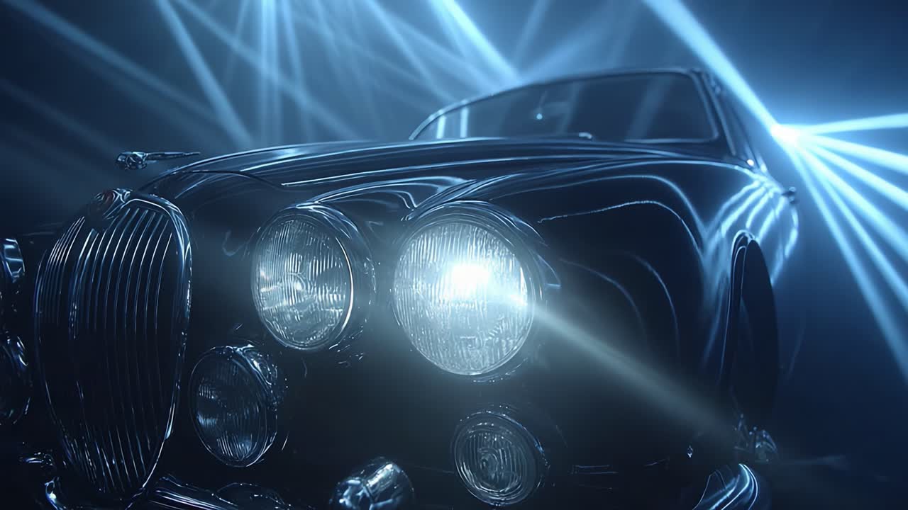 Un'auto nera classica illuminata da intensi fasci di luce blu, che ne mettono in risalto il design audace e l'eleganza senza tempo in una presentazione di grande impatto visivo.