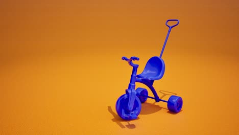 3d blue toddler tricycle on orange background, 3d animation, camera zoom out slowly