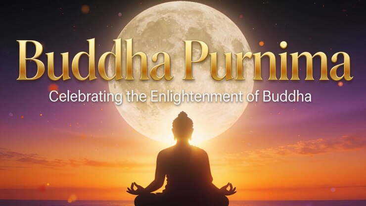 Glowing Buddha silhouette radiating halo before full moon at sea, promoting Buddha Purnima