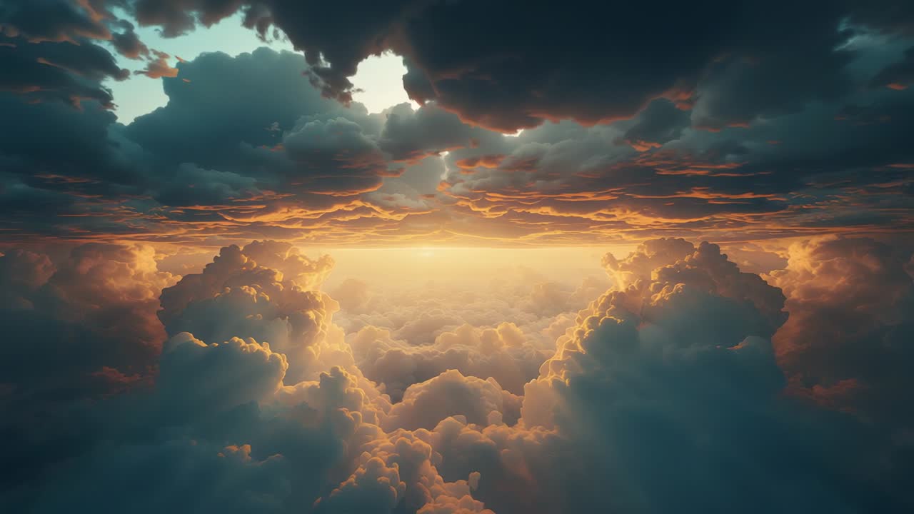 Forming upper cloud hole letting sunrise light, center cloud glowing casting rays over cloud tops