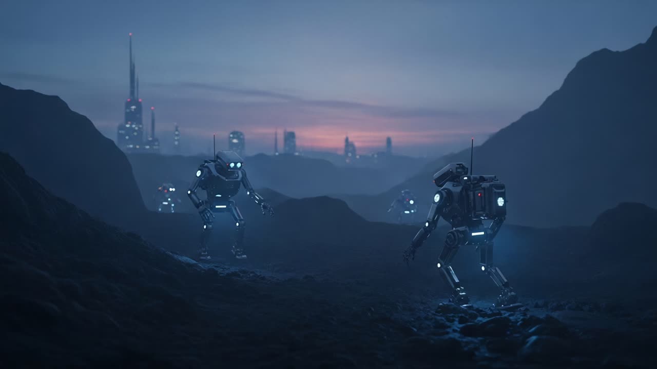 Exploring the Mysteries of an Alien Landscape: Robots Navigate a Distant Planet at Dusk Amidst Futuristic City Lights