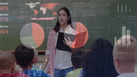 animation of statistical data processing over biracial female teacher and students in classroom