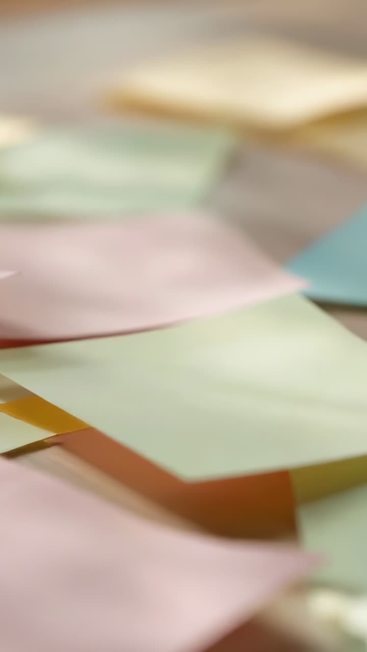 Vertical video: Shifting camera focus over pastel sticky notes on desk, showing curled corners