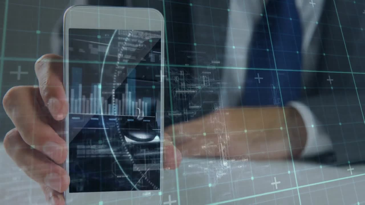 Animation of data processing over businessman using smartphone