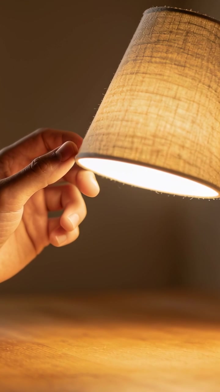 Video verticale: Una mano che si avvicina inclina un paralume intrecciato illuminato sopra un tavolo, focalizzando un bagliore caldo.