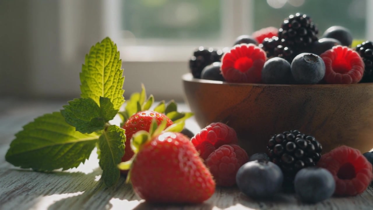 Fresh Berries and Mint Leaves in a Wooden Bowl
