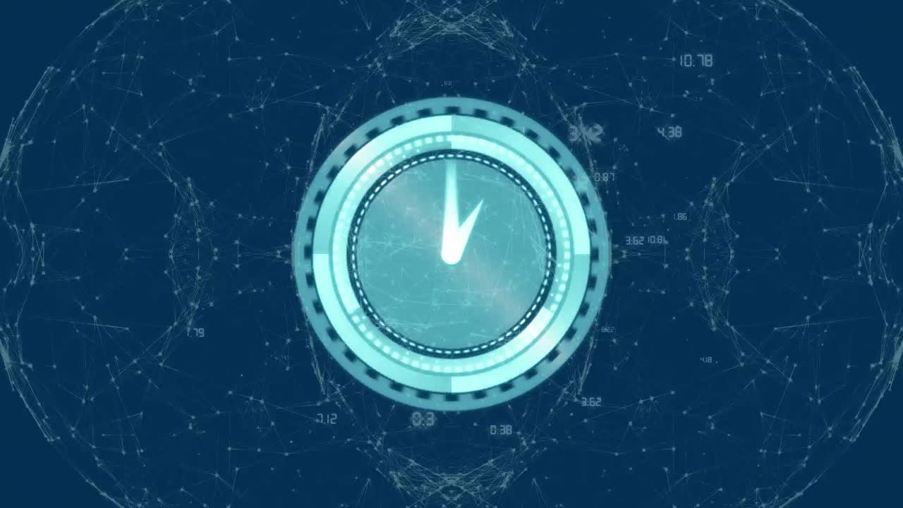 Animation of moving clock over globe of connections with data processing on blue background