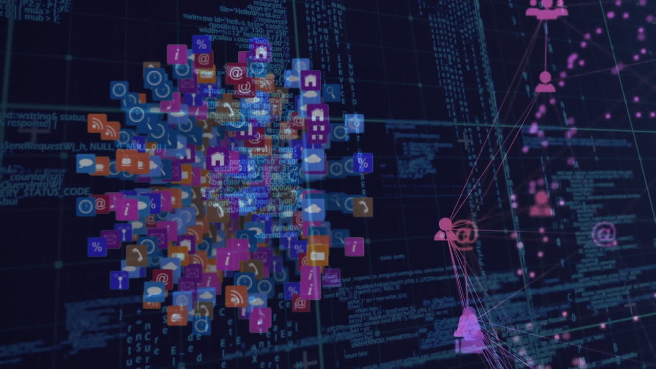 animación de iconos conectados que forman globos sobre el lenguaje de la computadora contra un fondo negro