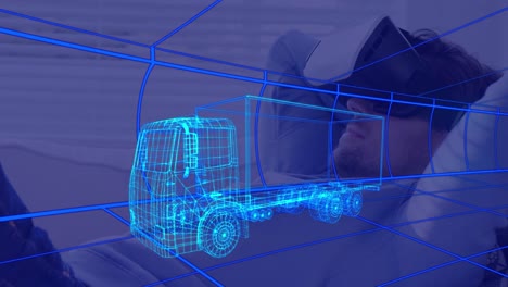 Animation-of-3d-technical-drawing-of-truck,-over-man-at-home-wearing-vr-headset