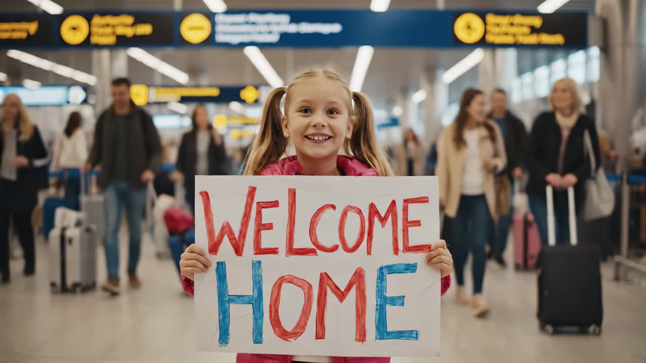 bambina che tiene un cartello di bentornato a casa nel terminal dell'aeroporto