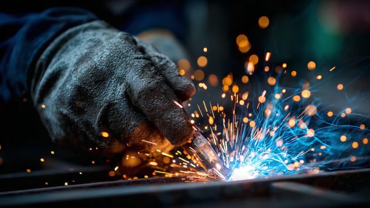 Close-Up of a Skilled Welder's Hand Operating a Torch, Creating Brilliant Sparks and a Vivid Blue Flame During Metal Fabrication in a Workshop Environment