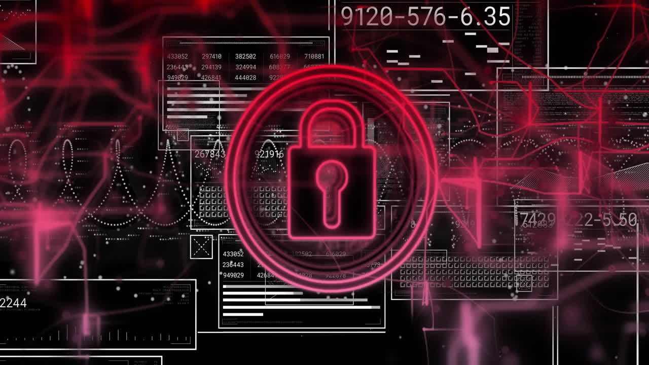 animación del candado y procesamiento digital de datos sobre fondo negro