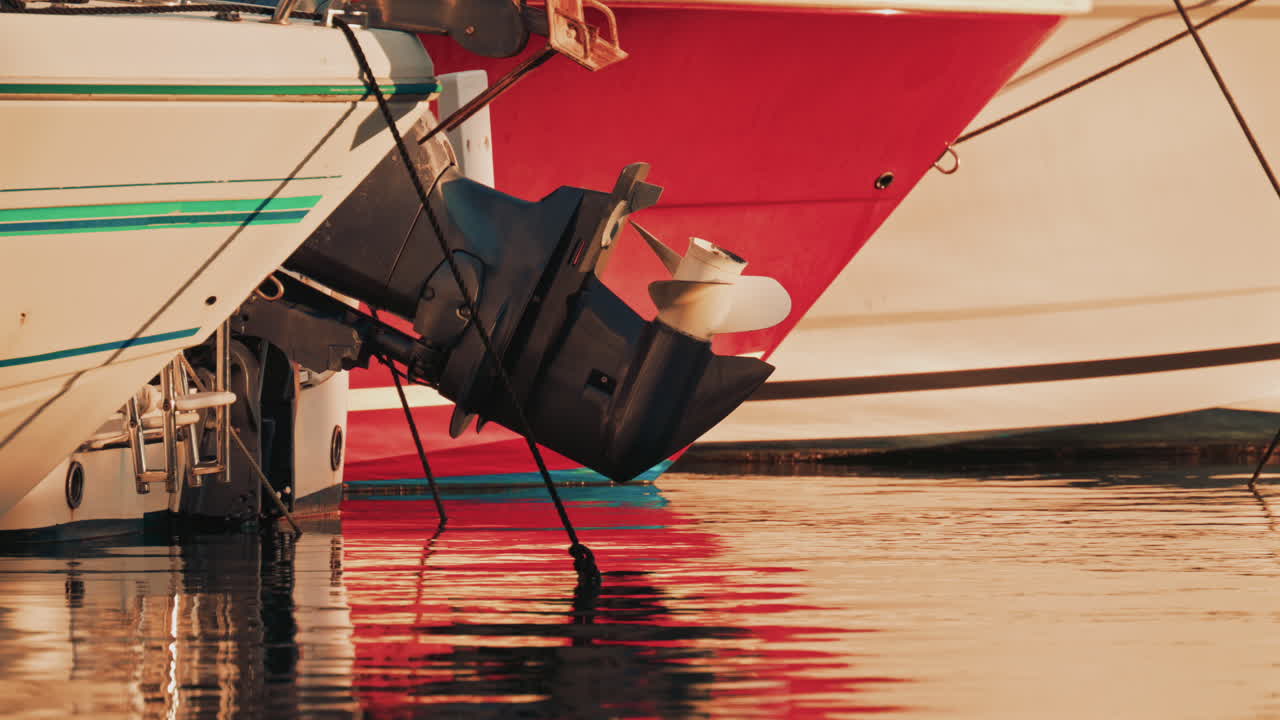 Cinematic shot of a boat propeller near a red hull, reflecting vibrant colors on the water surface