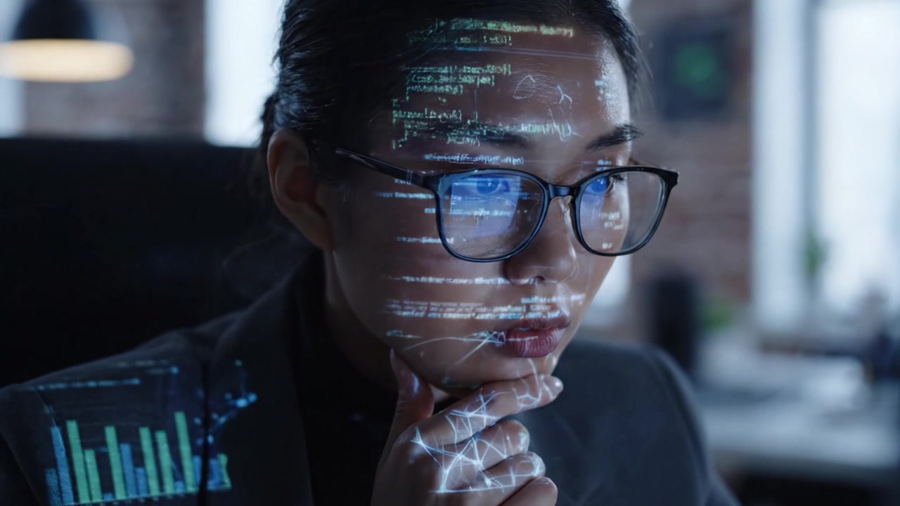 A focused programmer engages in advanced coding and data analysis, with dynamic visualizations projected on her face, showcasing the intersection of technology and innovation.