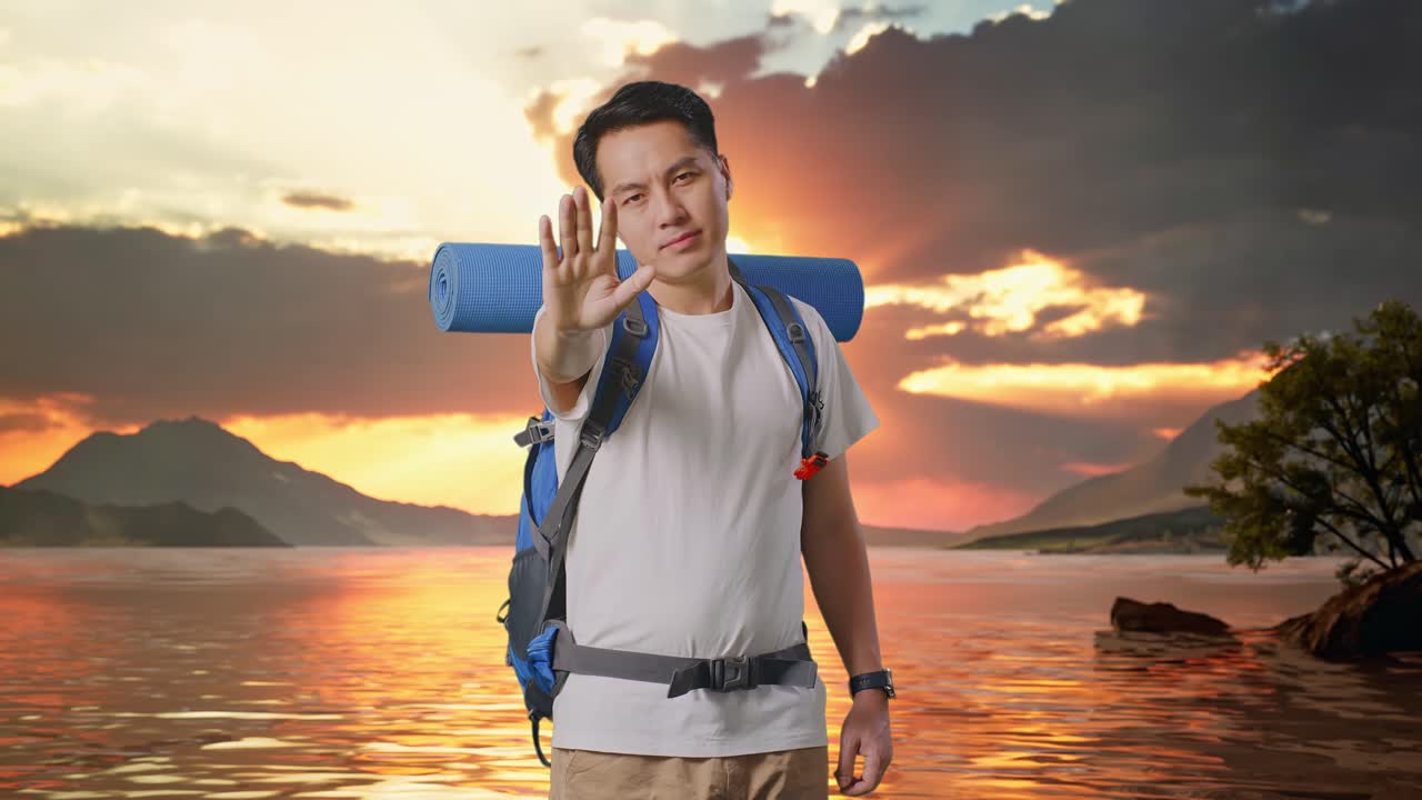 Asian Male Hiker With Mountaineering Backpack Looking At Camera And Making Stop Hand Sign At A Lake