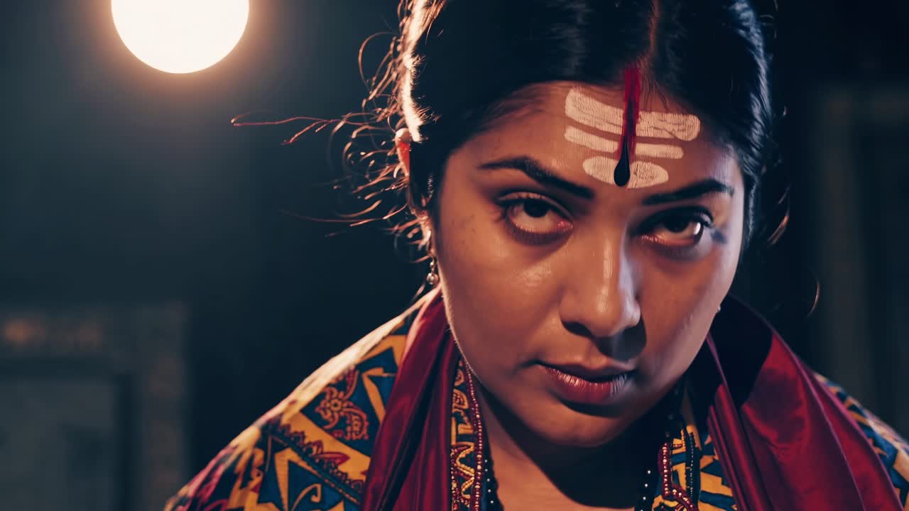 Close up portrait showing Indian woman wearing traditional makeup, spiritual clothing inside dark temple, representing cultural devotion and religious heritage