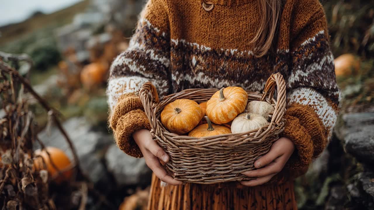 Femme tenant un panier de citrouilles dans un cadre automnal rustique
