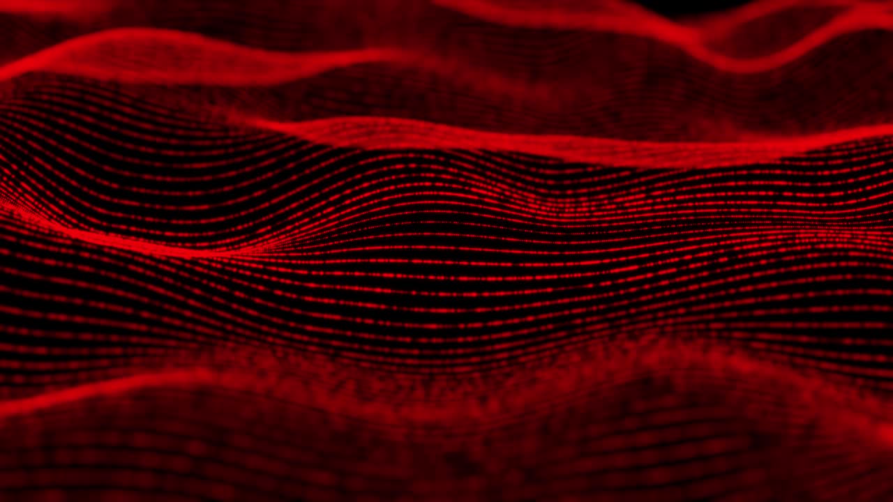 4K, Abstract Futuristic Digital Blue Wave Particles Background.Seamless Loop. Technology digital wave background concept.Beautiful motion waving dots texture with glowing defocused particles. Cyber or technology background. Red Color