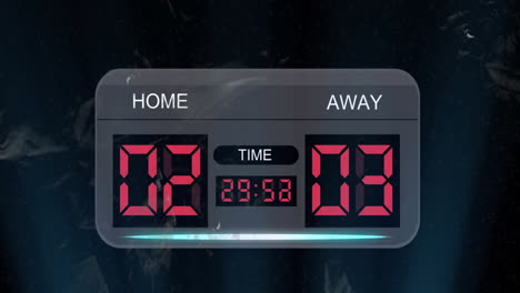 animación digital del marcador que muestra al equipo local 2 y al equipo visitante 3 con el tiempo 29:58