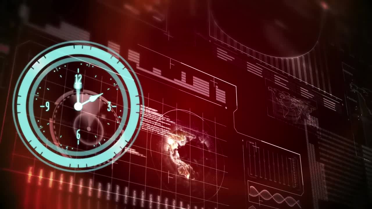 화면에 지구와 함께 빠르게 움직이는 시계와 데이터 처리의 애니메이션