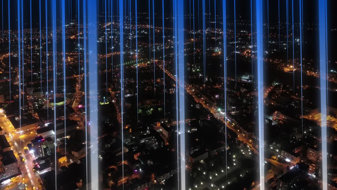 visualización de la gran ciudad nocturna de internet por líneas de información red global