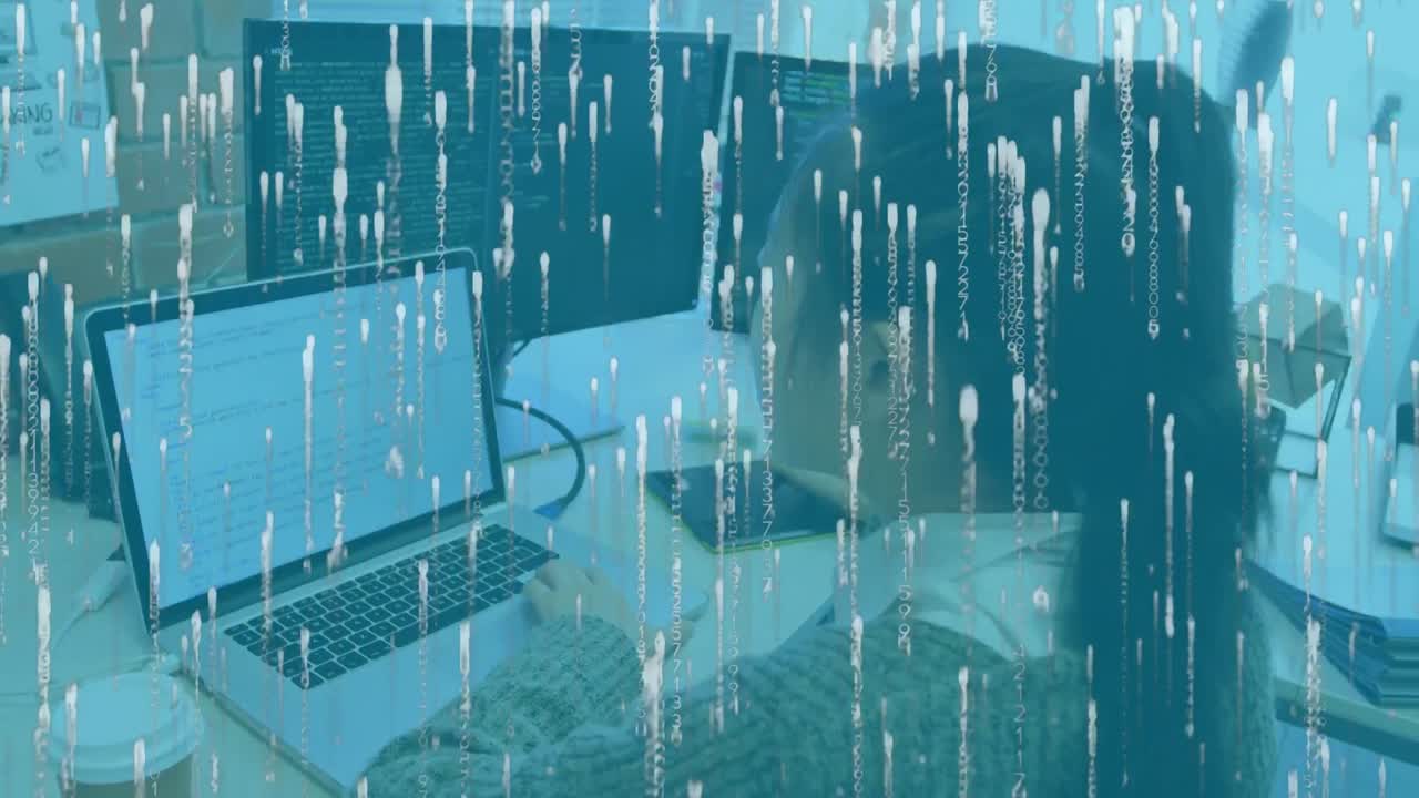 Animation of data processing over businesswoman using laptop