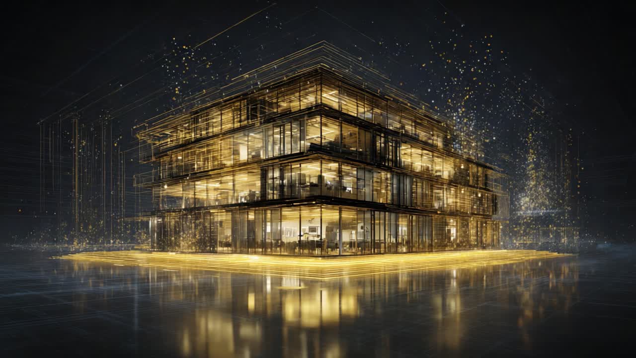 A modern architectural marvel showcasing a futuristic building illuminated with luminous accents and surrounded by dynamic light effects, creating a vibrant atmosphere that captivates potential visitors and admirers alike