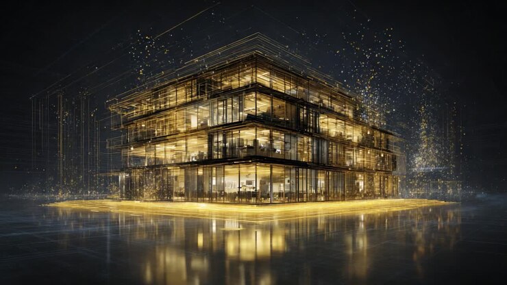 Et moderne arkitektonisk vidunder, der viser en futuristisk bygning oplyst med lysende detaljer og omgivet af dynamiske lyseffekter, hvilket skaber en levende atmosfære, der fanger potentielle besøgende og beundrere.