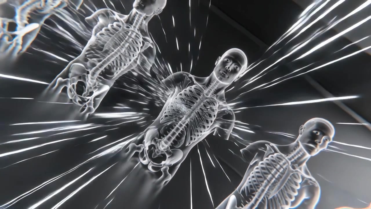Radiating shards from left torso sending center of 3 torsos showing bones tilting in set, bursting