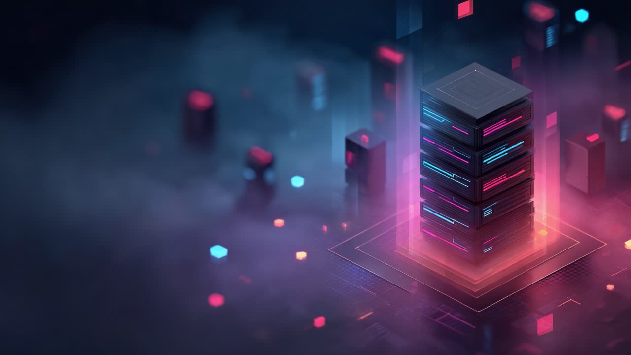 A captivating depiction of a futuristic data center, showcasing a glowing server tower amidst a vibrant haze. This digital landscape emphasizes innovation and technology