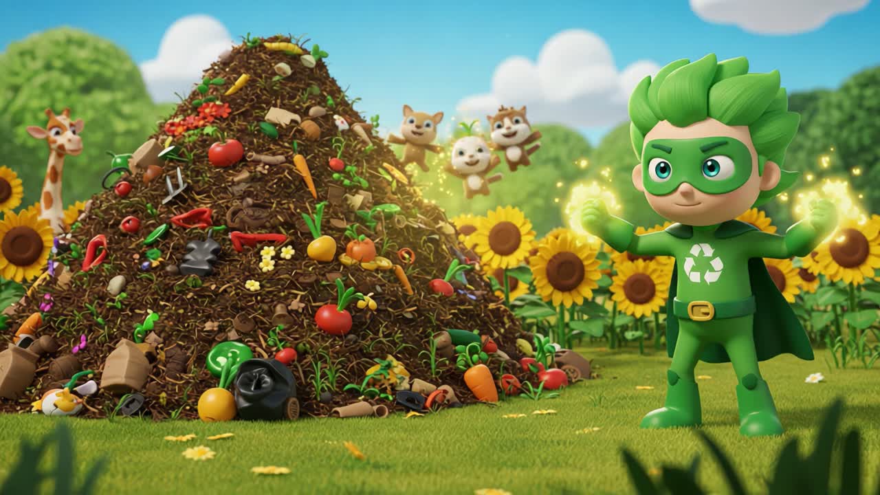 A Vibrant Green Hero Inspires Eco-Friendly Practices Among Animated Animals in a Lush Environment Surrounded by a Colorful Compost Pile and Sunflower Field