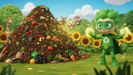 a vibrant green hero inspires eco-friendly practices among animated animals in a lush environment surrounded by a colorful compost pile and sunflower field