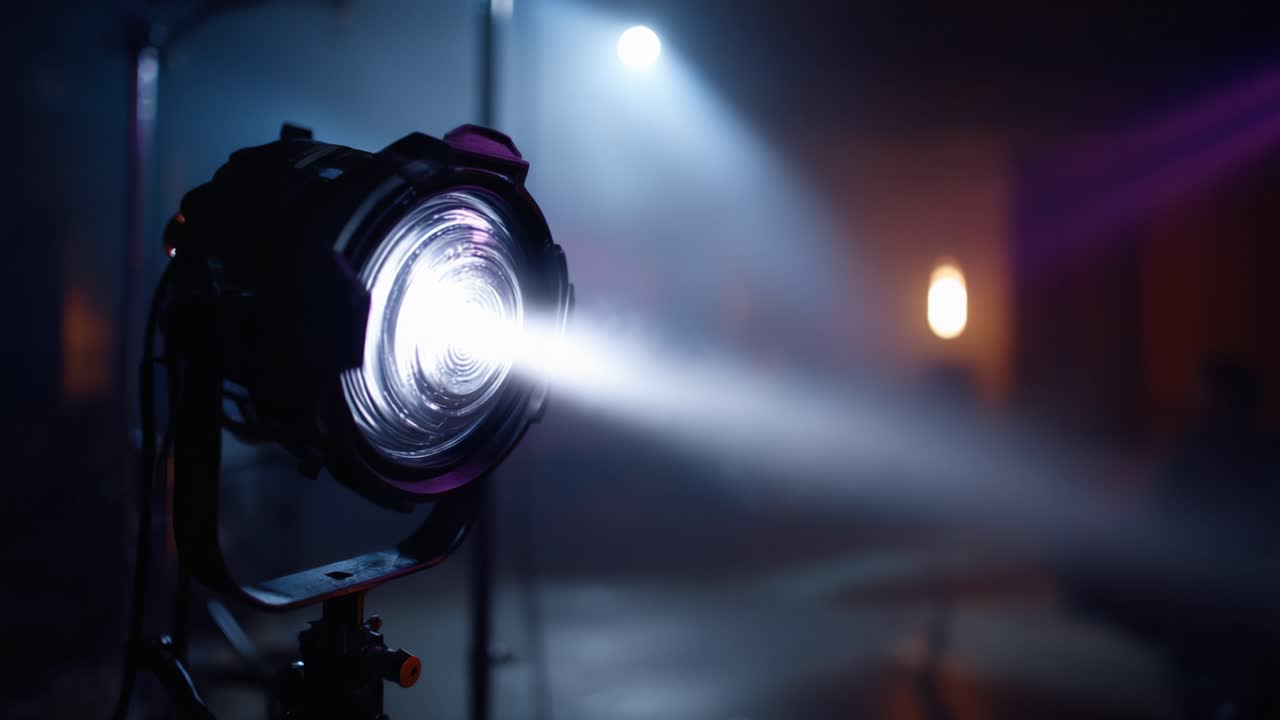 Efecto de foco de escenario iluminado que captura la iluminación dramática en un ambiente de actuación con niebla atmosférica y coloridos rayos de luz que se proyectan a través de ella