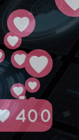 animación digital de múltiples iconos de corazón flotando contra escáneres redondos sobre un fondo negro