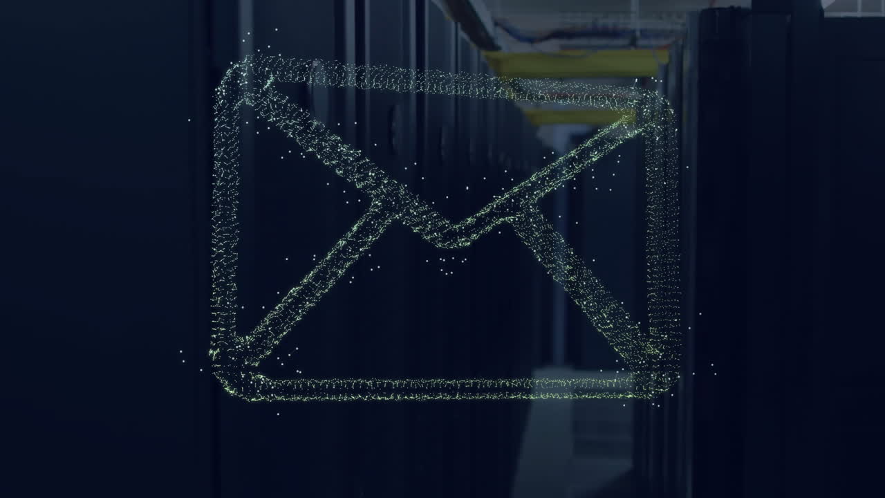 Glowing email icon animating over dark server room background with technology theme